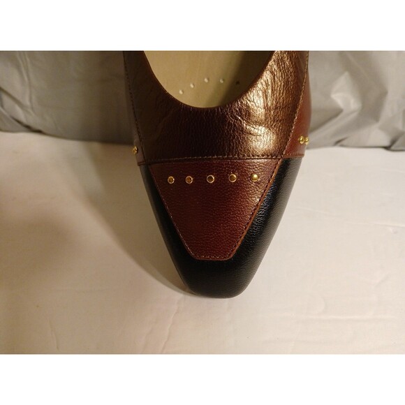 80s Selby Comfort Flex Colorblock Browns/Black Leather Gold Dots Low Heel 9.5 - Picture 12 of 16